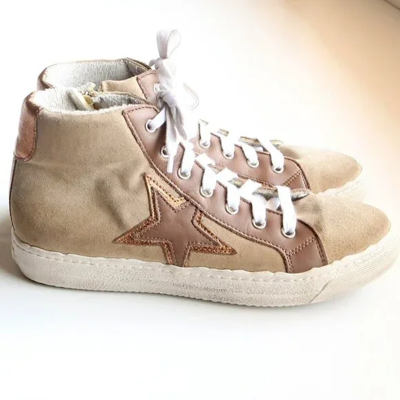 The Shoe Box Beige Suede & Brown Leather High Top Sneakers Lace-up w Star 8.5 - Picture 2 of 16